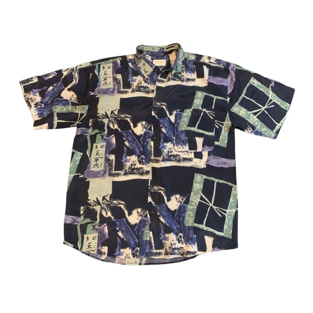Vintage 90s Summa Silk Abstract Pattern Short Sleeve Buttondown Shirt Medium